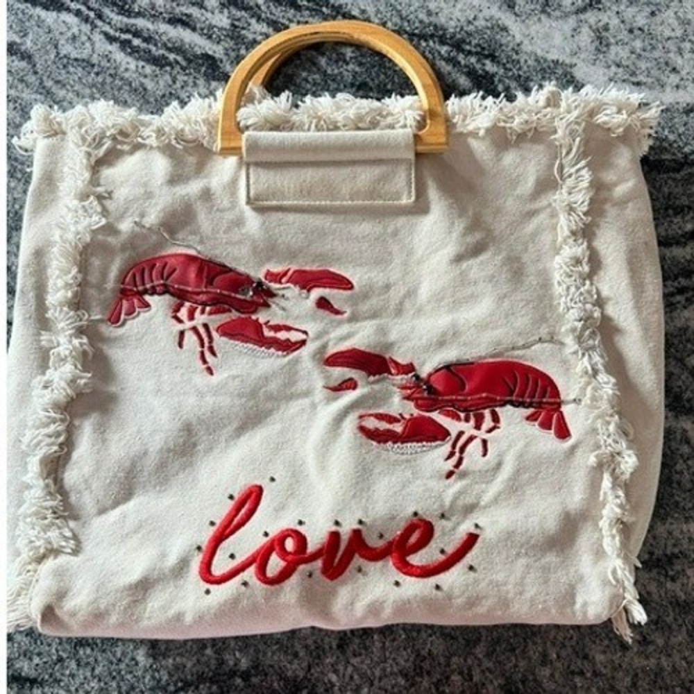 Topshop Lobster Embroidered Canvas Tote Bag Womens Large Cream Red Frayed Wood
